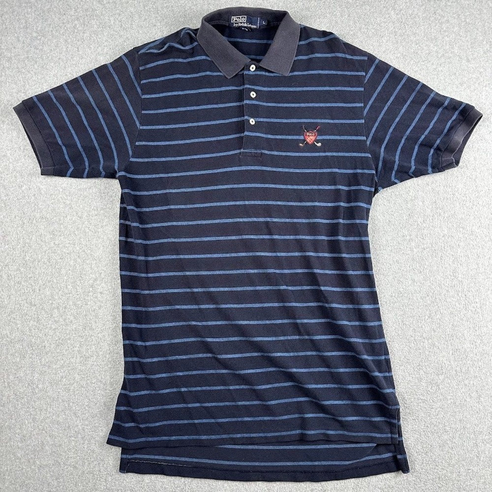 Polo Ralph Lauren Men's Navy Blue Striped Golf Crest Polo‎ Shirt Size Large